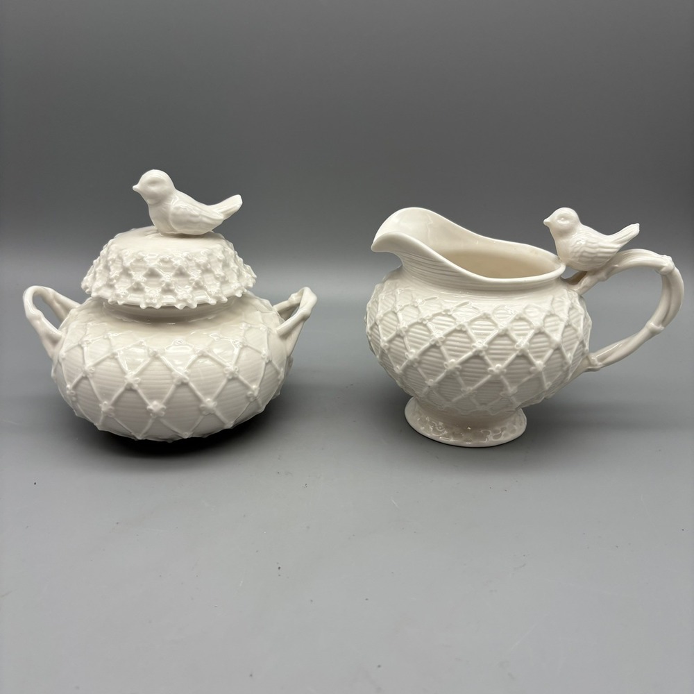 Grace's Teaware Cream And Sugar Bowl Bird Finial Lattice Design White Porcelain